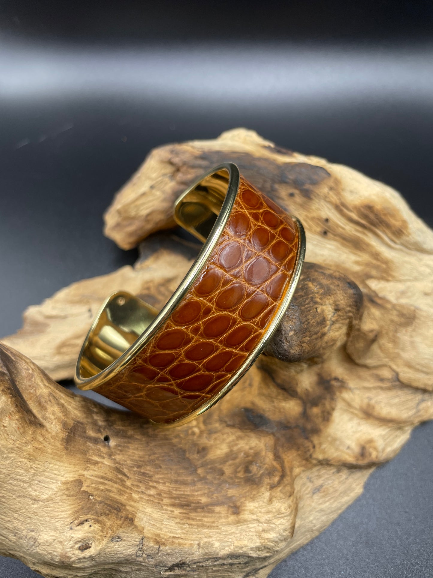 Manchette 20mm - Doré et croco caramel